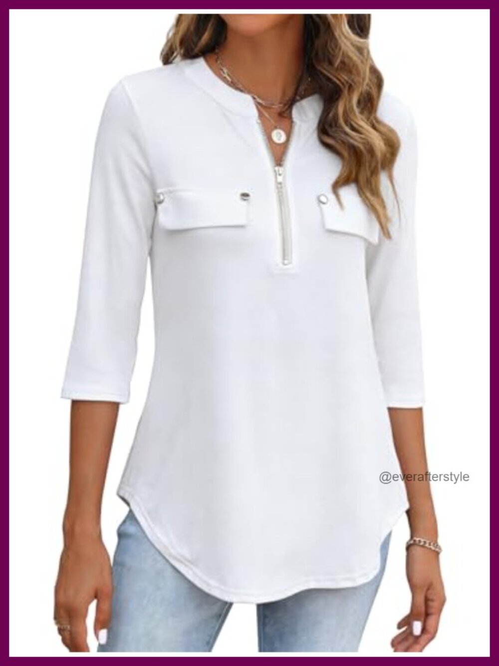 Womens 3/4 Sleeve Zipper Front Tunic Top V Neck Curved Hem Business Casual